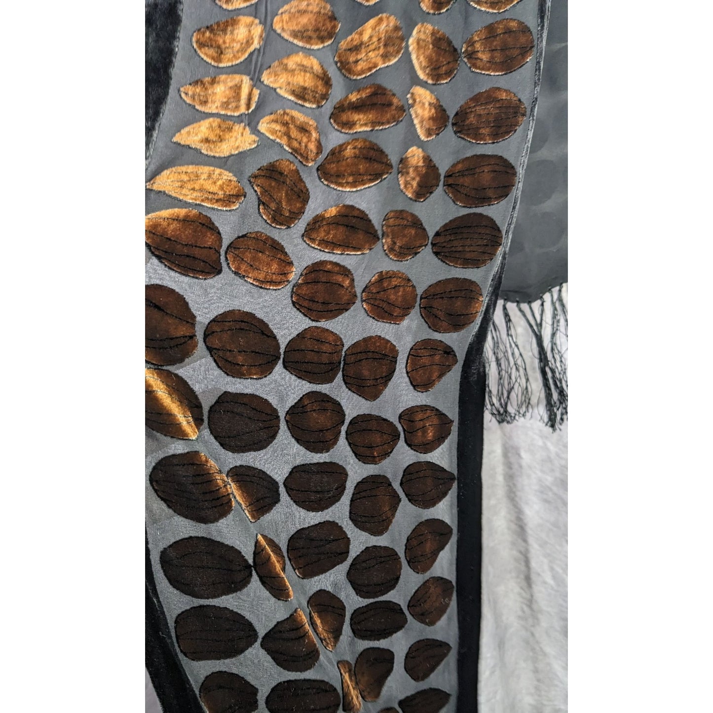 Vintage Geometric Burnt Velvet Scarf Copper Tone With Fringe
