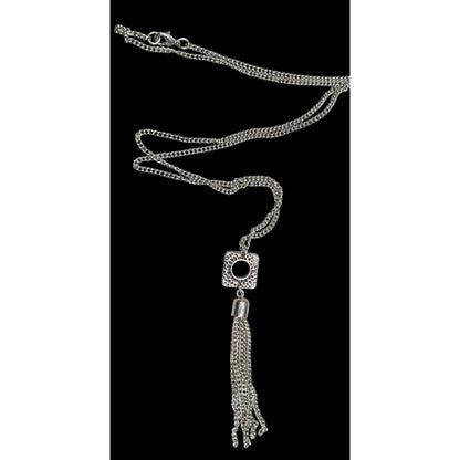 Geometric Brustalist Hammered Silver Tone Tassel Necklace