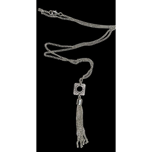 Geometric Brustalist Hammered Silver Tone Tassel Necklace