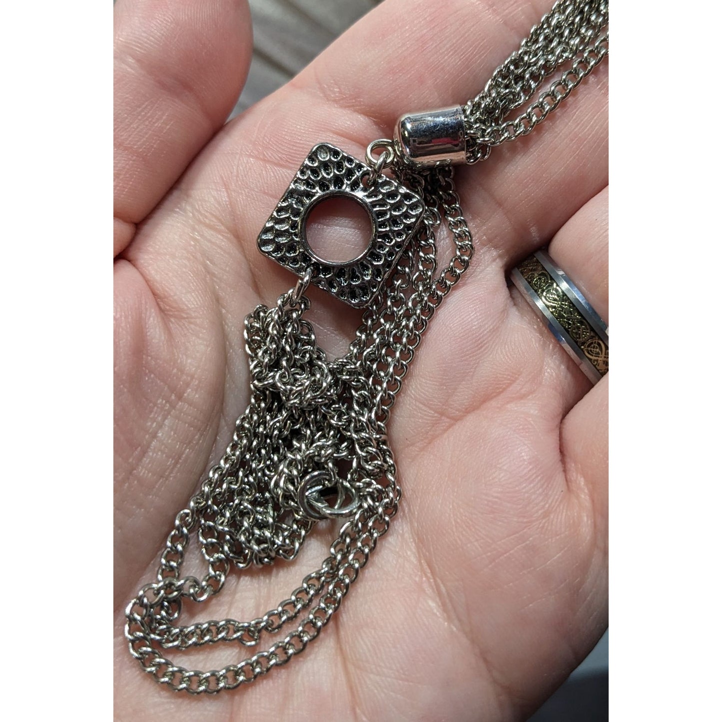 Geometric Brustalist Hammered Silver Tone Tassel Necklace