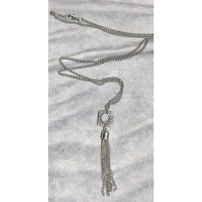 Geometric Brustalist Hammered Silver Tone Tassel Necklace