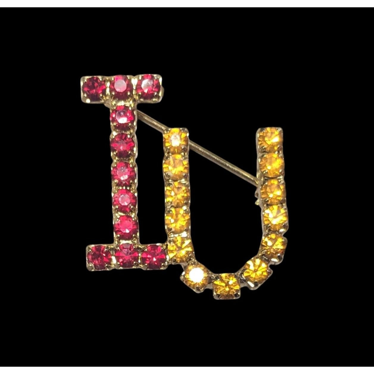 Vintage IU Red And Yellow Rhinestone Letter Brooch