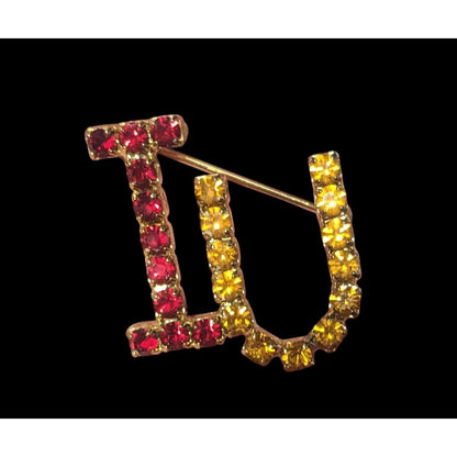 Vintage IU Red And Yellow Rhinestone Letter Brooch