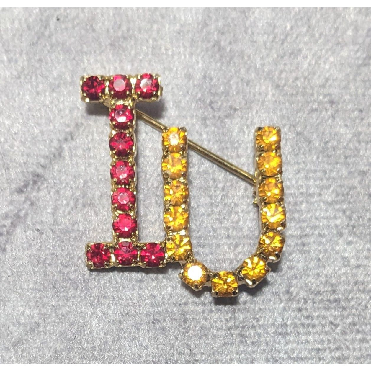 Vintage IU Red And Yellow Rhinestone Letter Brooch