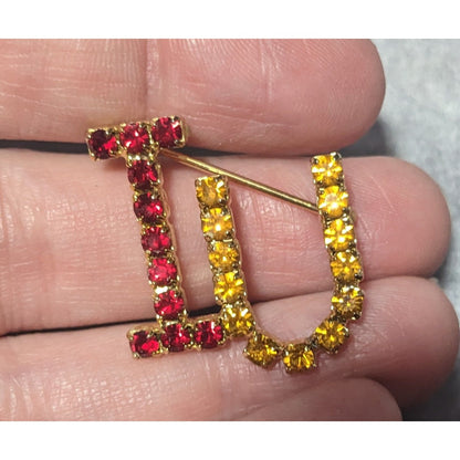 Vintage IU Red And Yellow Rhinestone Letter Brooch