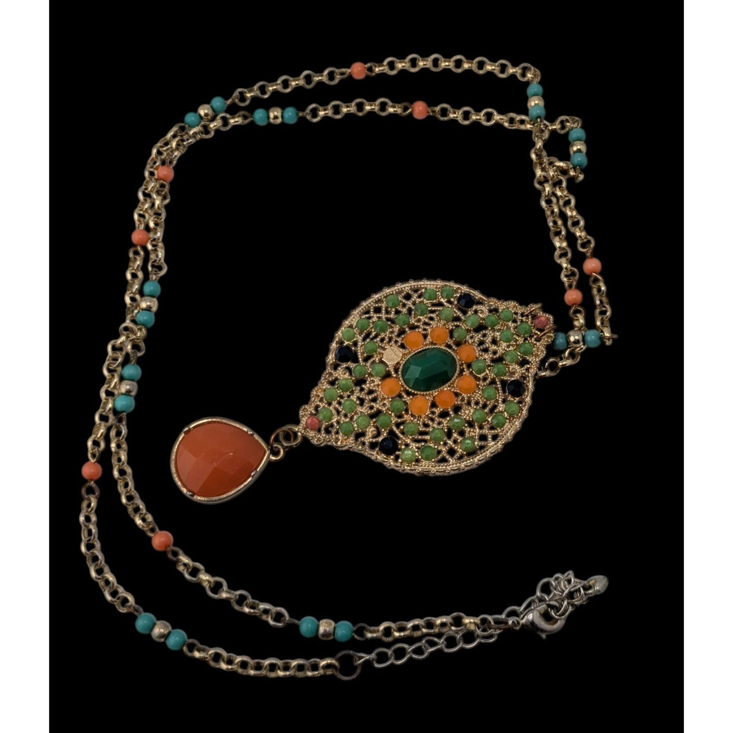 Boho Glam Beaded Pendant Necklace Gold Tone Teardrop Charm Orange Blue Green Statement