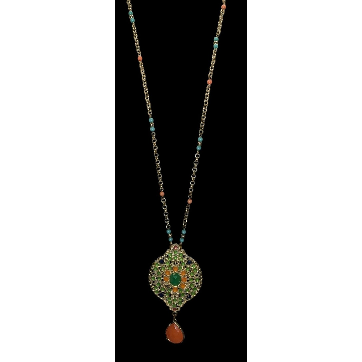 Boho Glam Beaded Pendant Necklace Gold Tone Teardrop Charm Orange Blue Green Statement