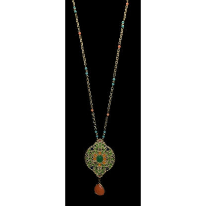 Boho Glam Beaded Pendant Necklace Gold Tone Teardrop Charm Orange Blue Green Statement