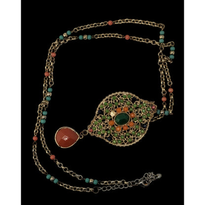Boho Glam Beaded Pendant Necklace Gold Tone Teardrop Charm Orange Blue Green Statement