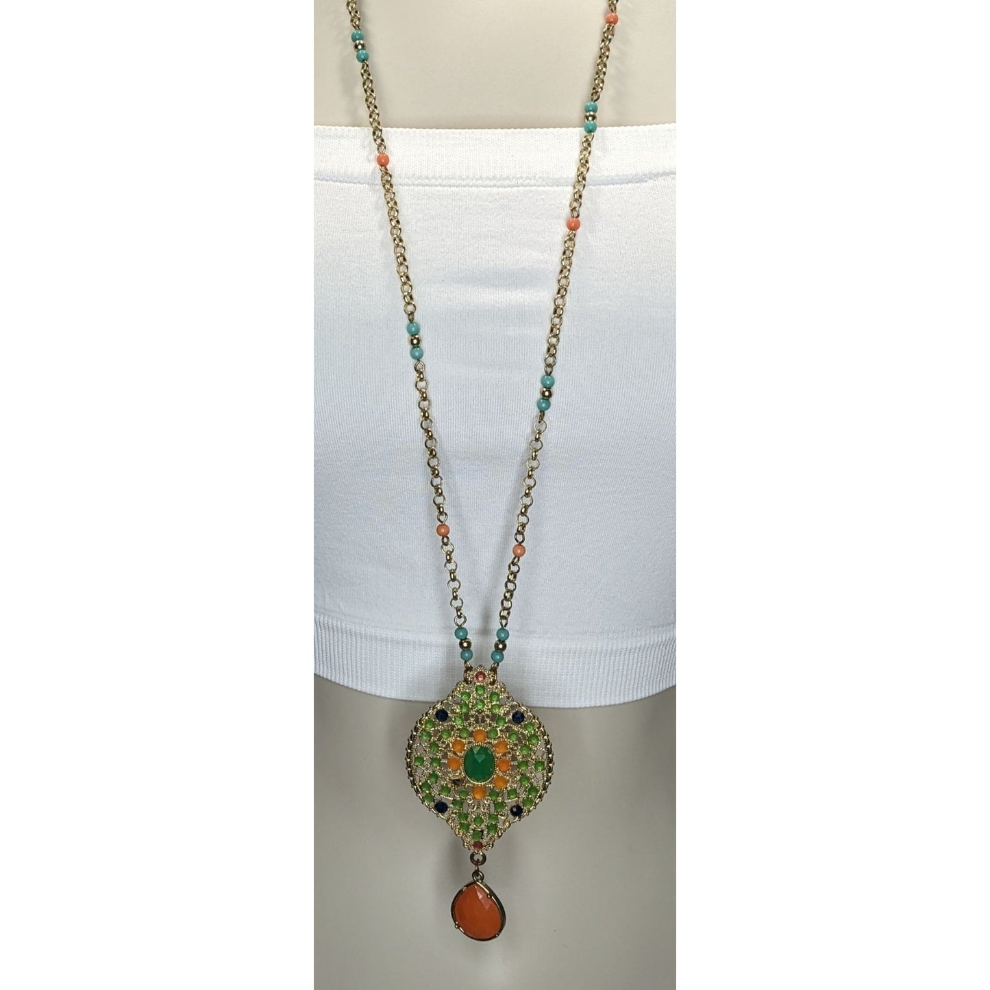 Boho Glam Beaded Pendant Necklace Gold Tone Teardrop Charm Orange Blue Green Statement