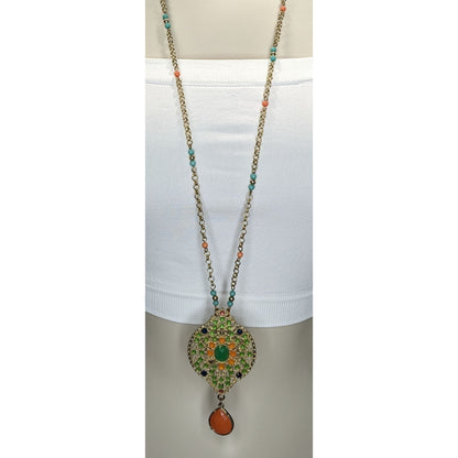 Boho Glam Beaded Pendant Necklace Gold Tone Teardrop Charm Orange Blue Green Statement