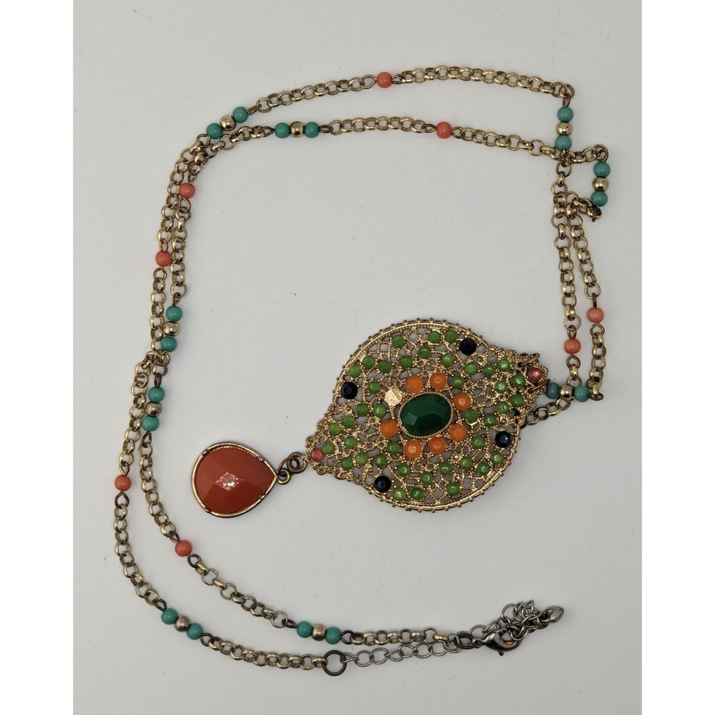 Boho Glam Beaded Pendant Necklace Gold Tone Teardrop Charm Orange Blue Green Statement