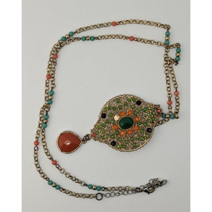 Boho Glam Beaded Pendant Necklace Gold Tone Teardrop Charm Orange Blue Green Statement