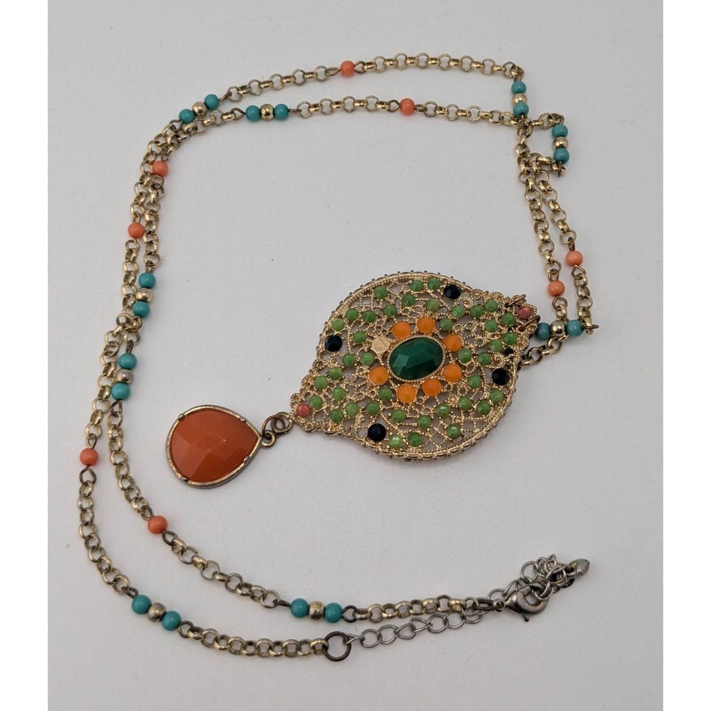 Boho Glam Beaded Pendant Necklace Gold Tone Teardrop Charm Orange Blue Green Statement
