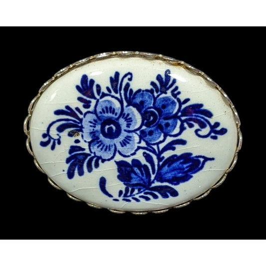 Vintage Cottagecore Floral Ceramic Blue And White Flower Brooch
