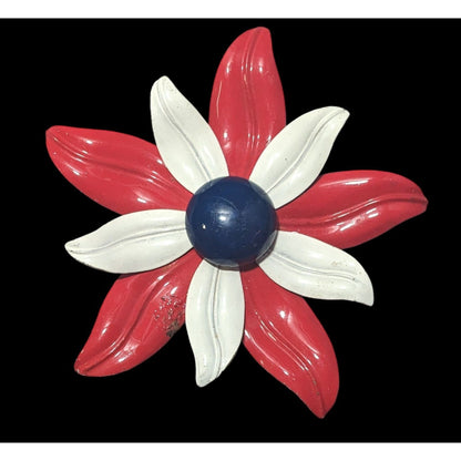 Vintage Red White And Blue Metal Flower Brooch