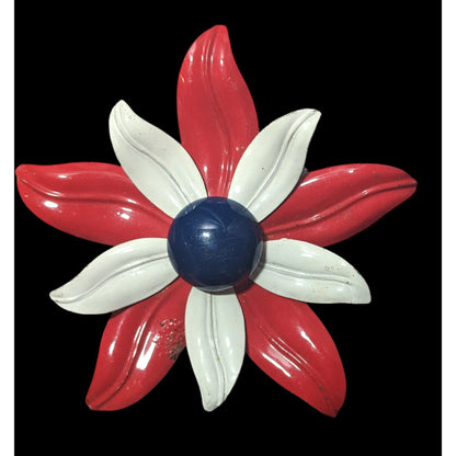 Vintage Red White And Blue Metal Flower Brooch