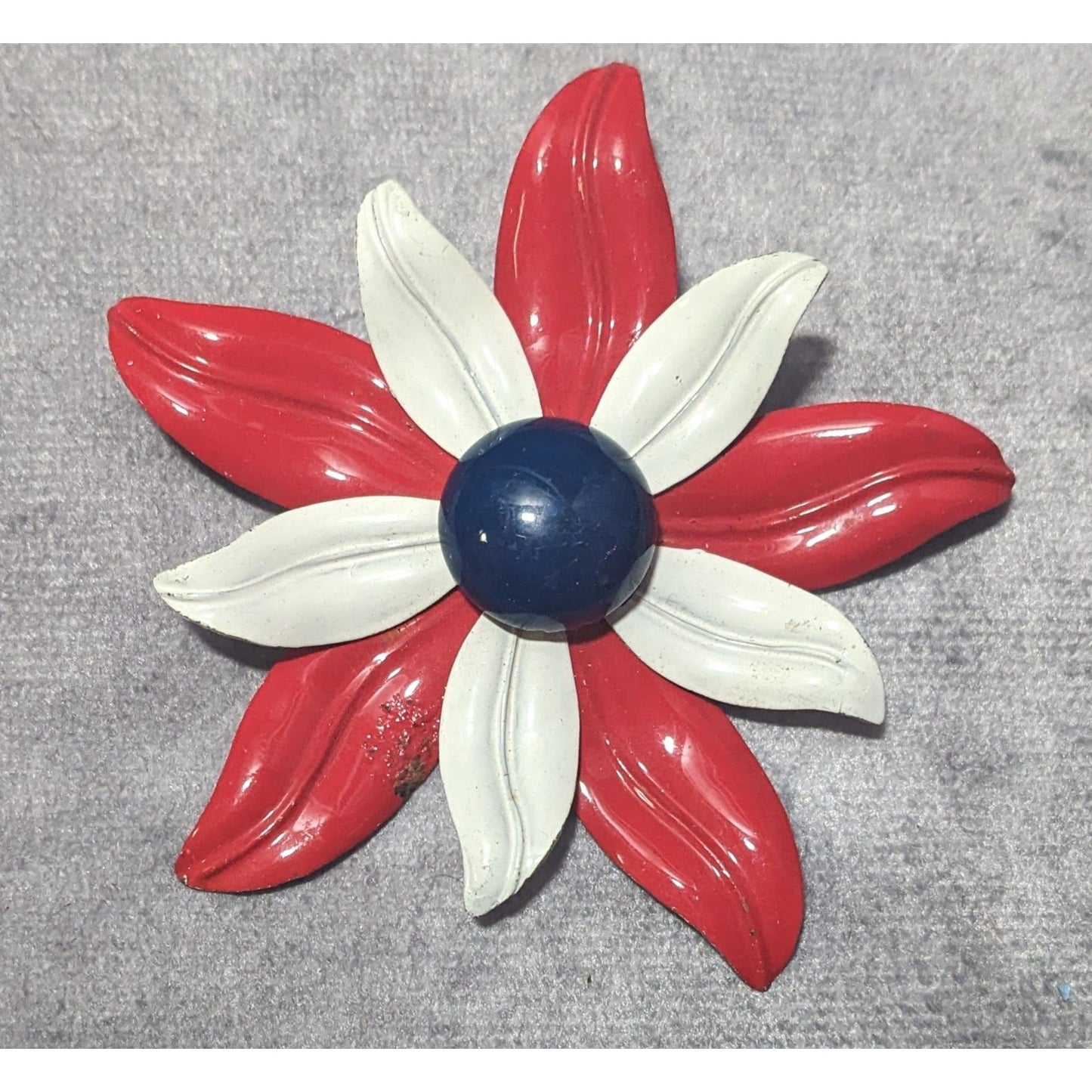 Vintage Red White And Blue Metal Flower Brooch