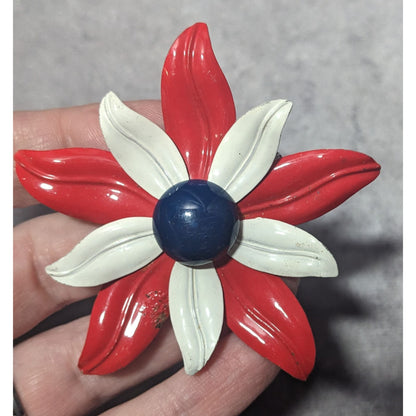 Vintage Red White And Blue Metal Flower Brooch