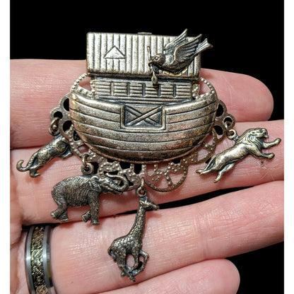 Vintage Noah's Ark Silver Tone Animal Charm Brooch