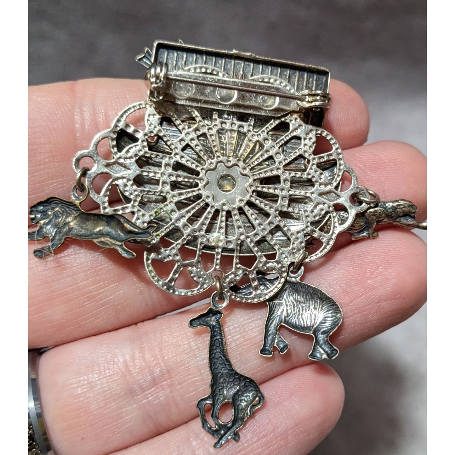 Vintage Noah's Ark Silver Tone Animal Charm Brooch