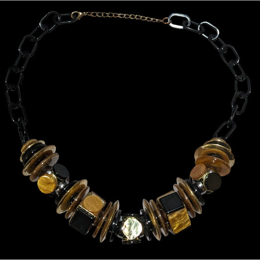 Chunky Glam Black And Gold Shell Disc Abstract Necklace