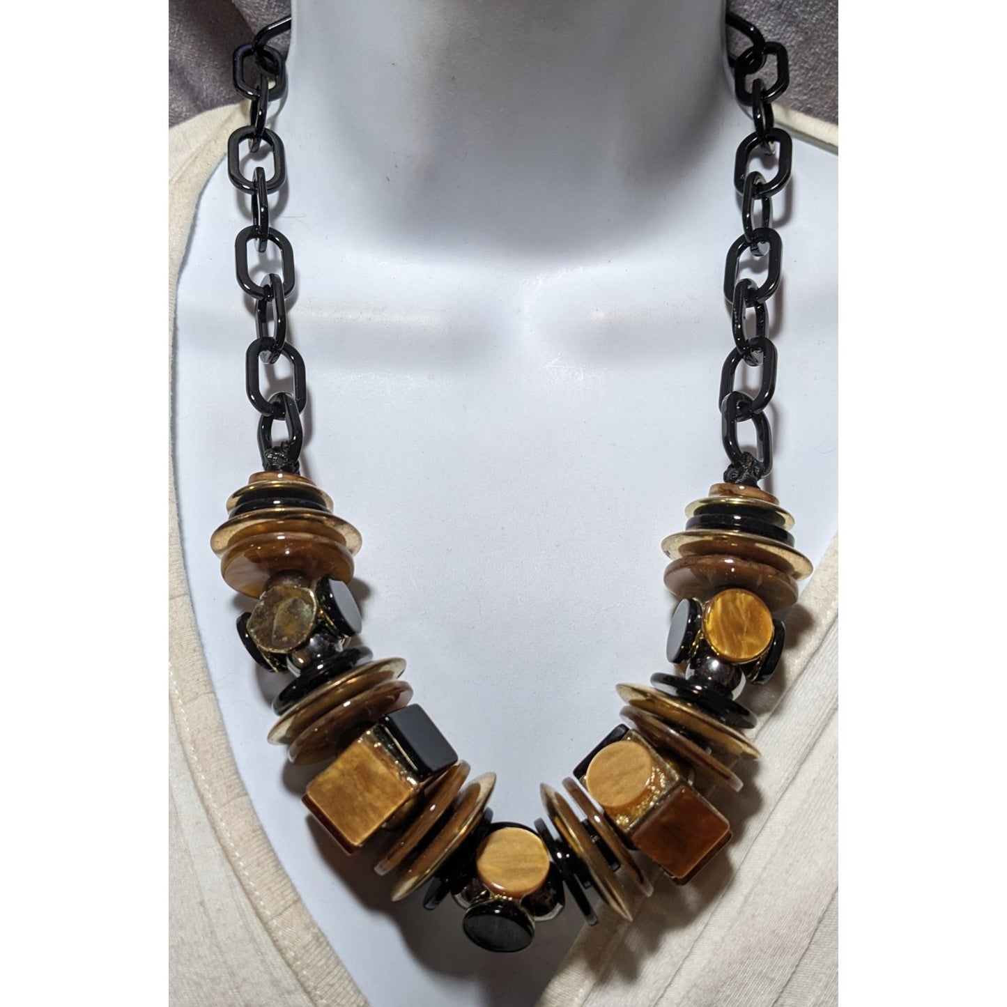 Chunky Glam Black And Gold Shell Disc Abstract Necklace