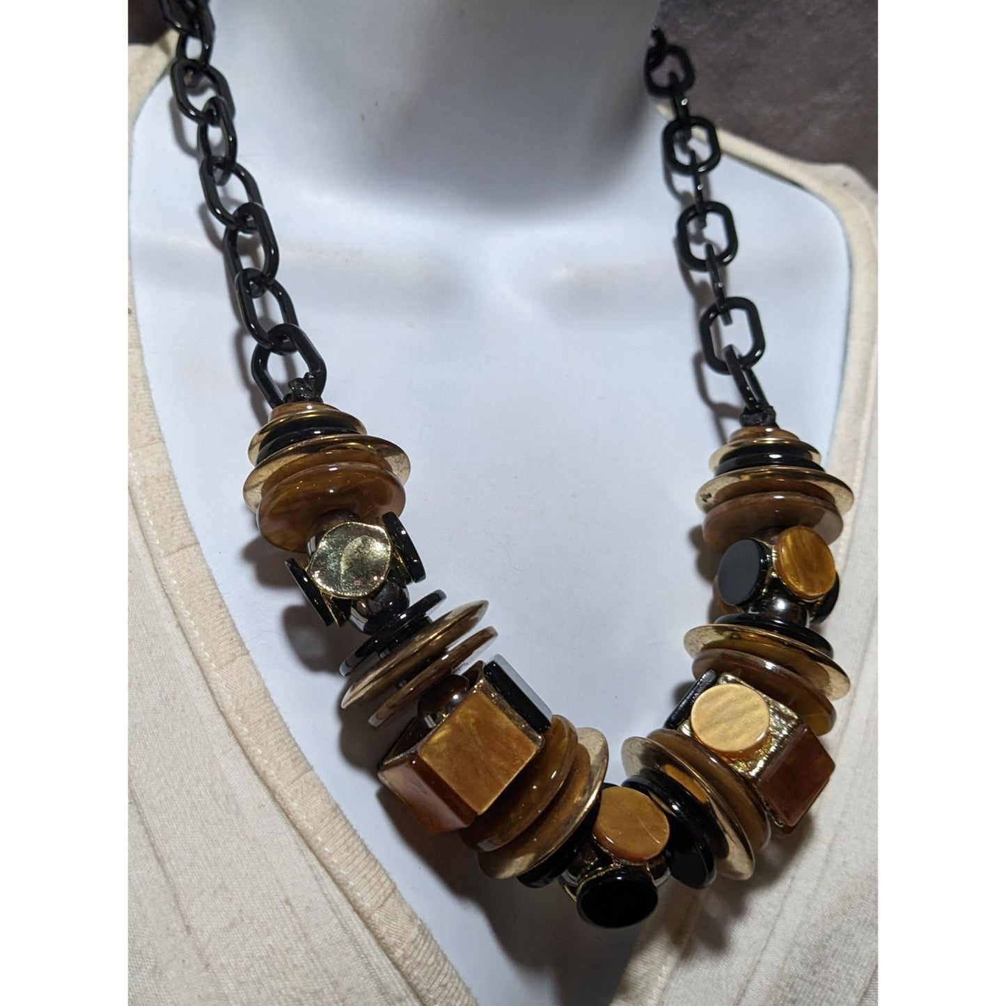 Chunky Glam Black And Gold Shell Disc Abstract Necklace