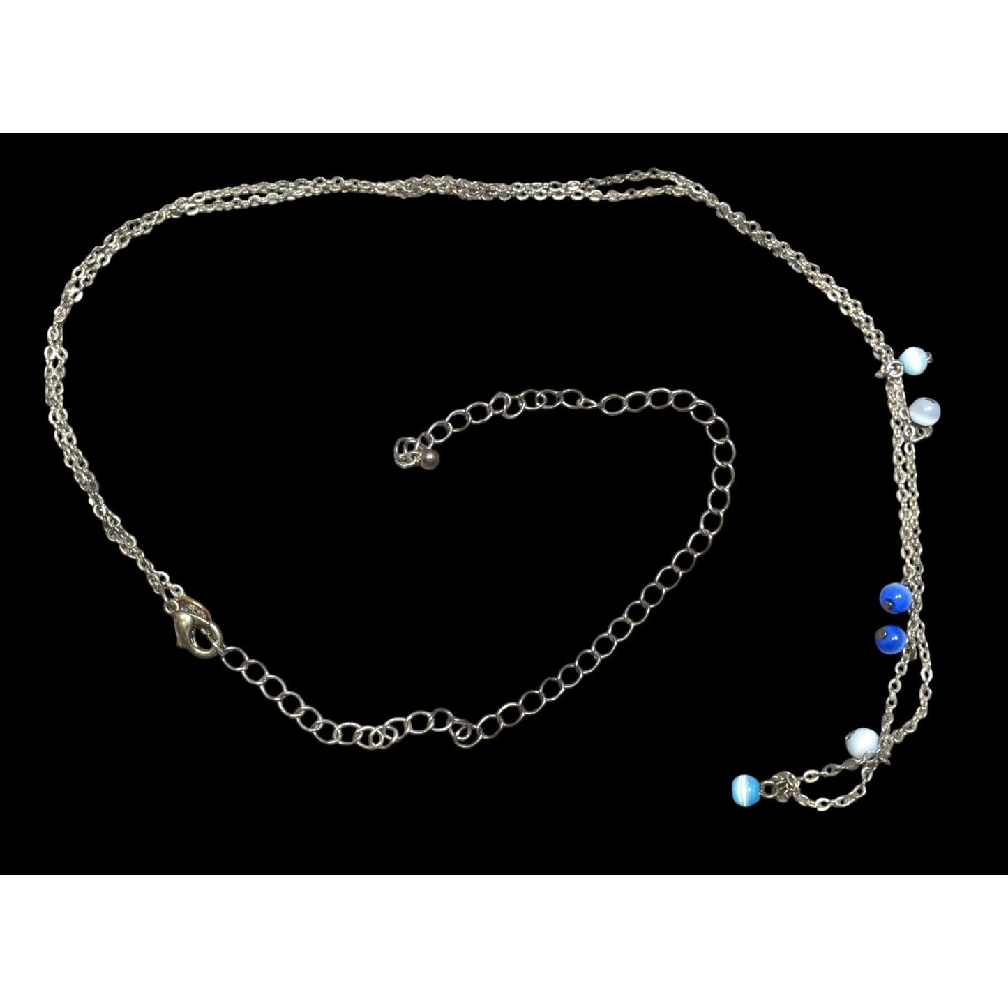 Silver-Tone Layered Necklace With Blue Cateye Glass Beads