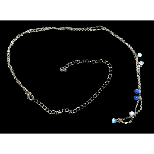 Silver-Tone Layered Necklace With Blue Cateye Glass Beads