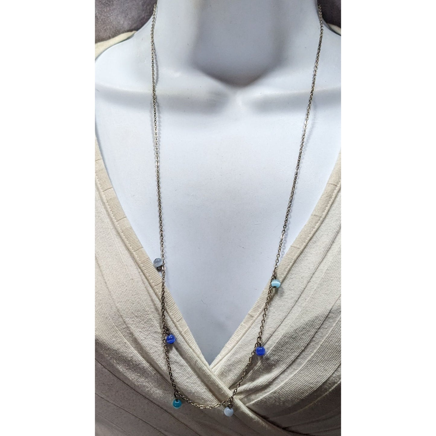 Silver-Tone Layered Necklace With Blue Cateye Glass Beads