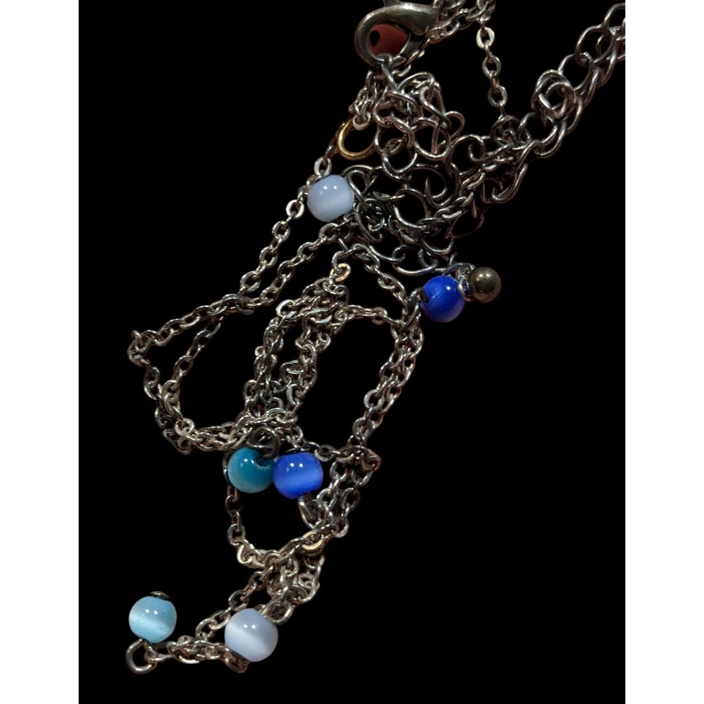 Silver-Tone Layered Necklace With Blue Cateye Glass Beads