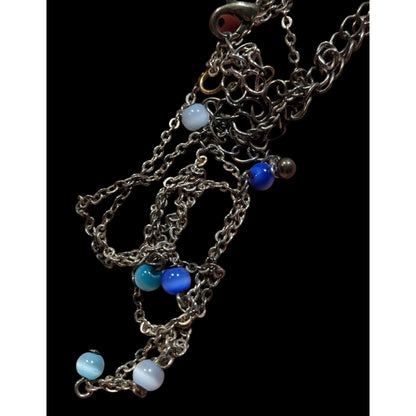 Silver-Tone Layered Necklace With Blue Cateye Glass Beads