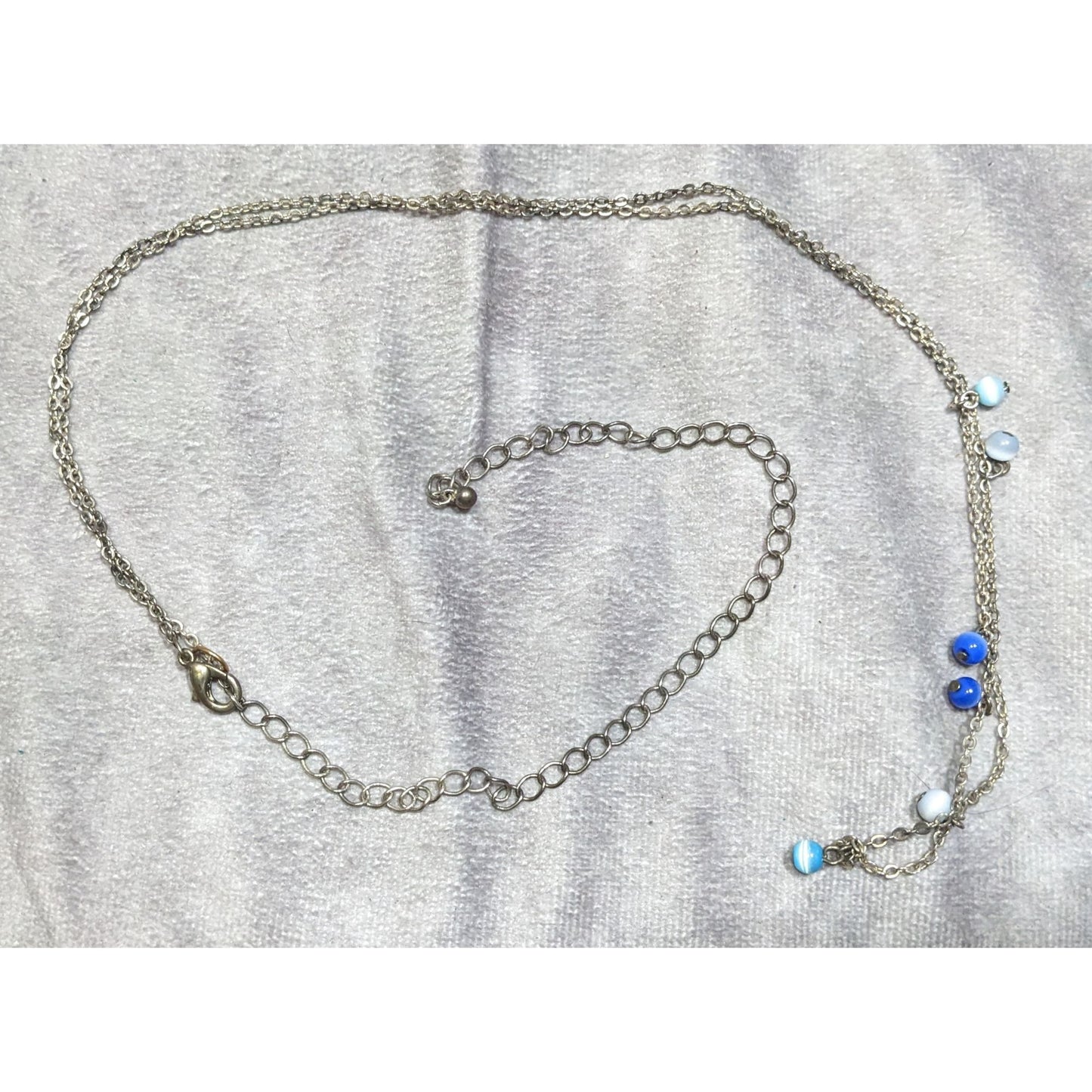 Silver-Tone Layered Necklace With Blue Cateye Glass Beads