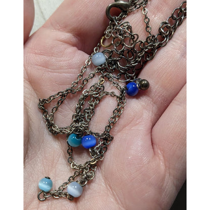 Silver-Tone Layered Necklace With Blue Cateye Glass Beads