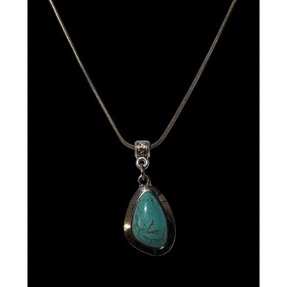 Southwestern Abstract Faux Turquoise Silver Tone Pendant Necklace