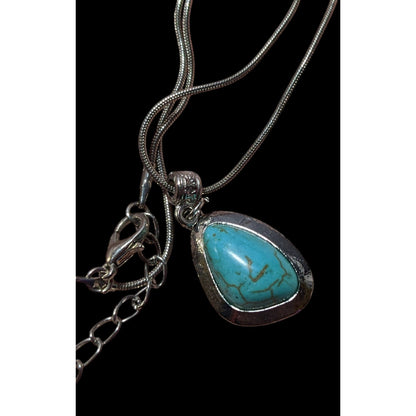 Southwestern Abstract Faux Turquoise Silver Tone Pendant Necklace