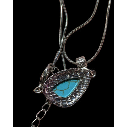 Southwestern Abstract Faux Turquoise Silver Tone Pendant Necklace