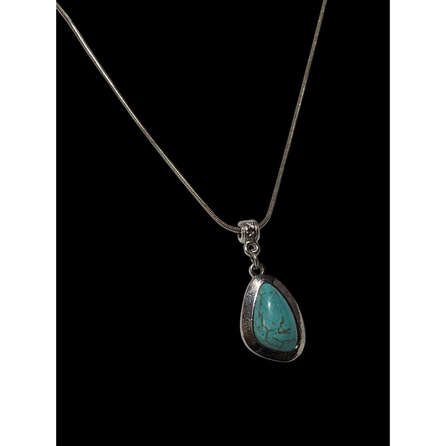 Southwestern Abstract Faux Turquoise Silver Tone Pendant Necklace