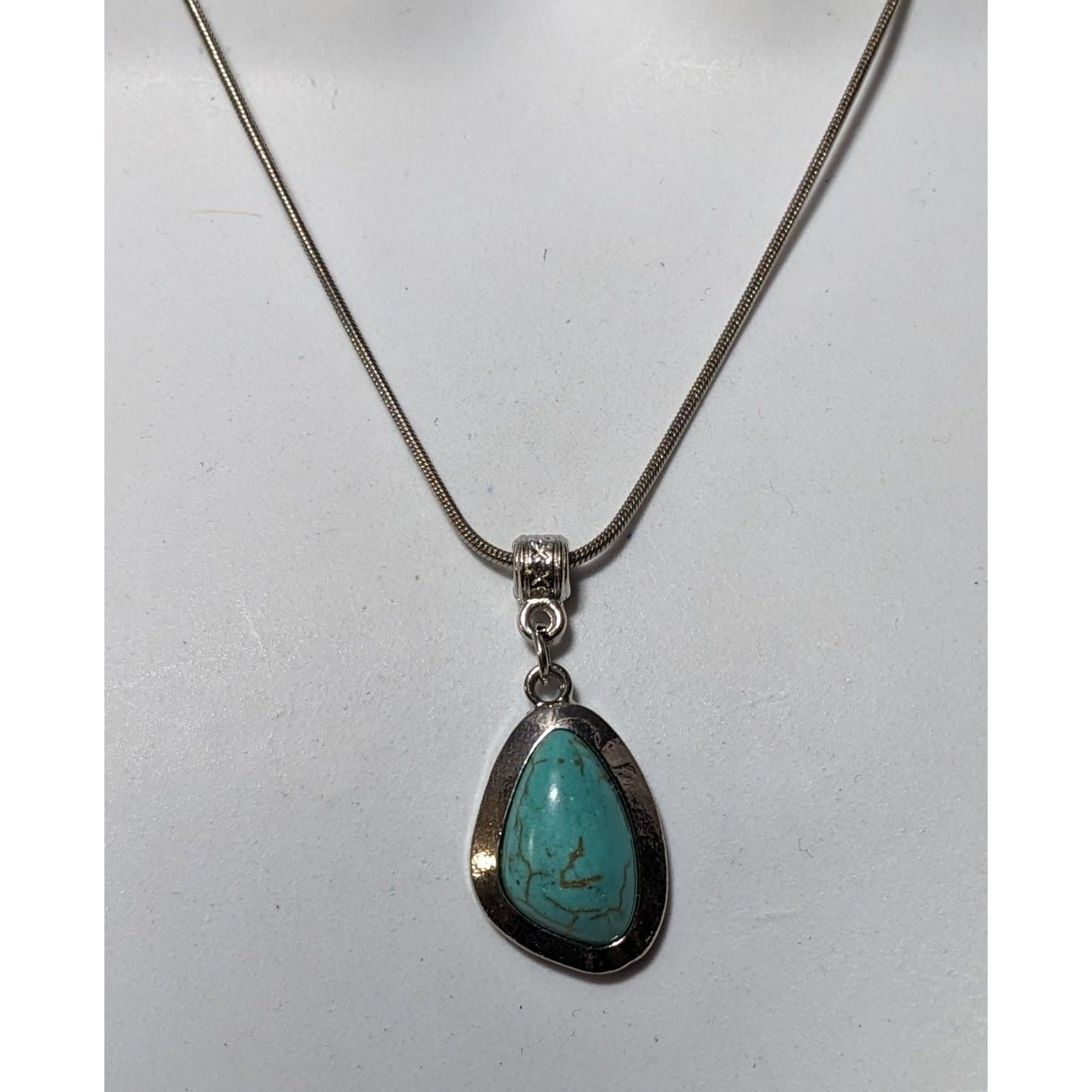 Southwestern Abstract Faux Turquoise Silver Tone Pendant Necklace