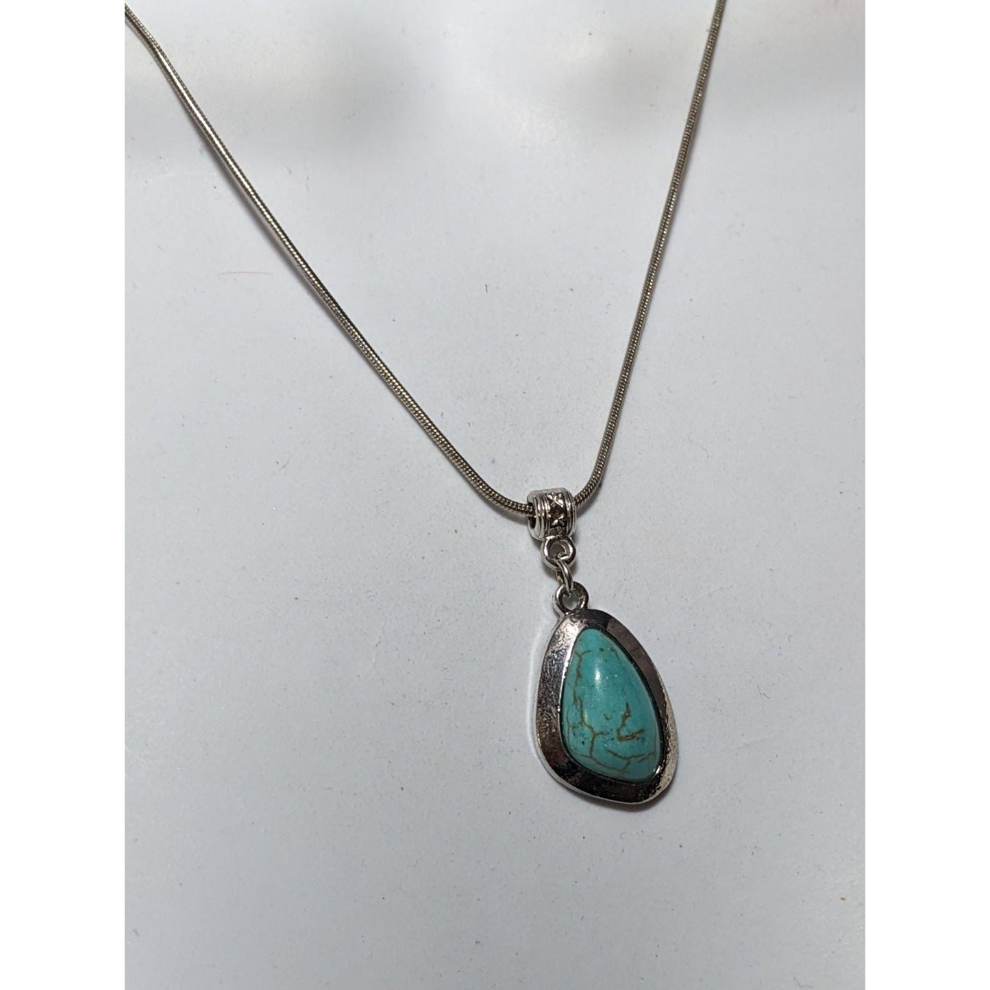 Southwestern Abstract Faux Turquoise Silver Tone Pendant Necklace