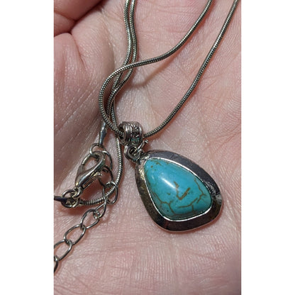 Southwestern Abstract Faux Turquoise Silver Tone Pendant Necklace