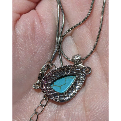 Southwestern Abstract Faux Turquoise Silver Tone Pendant Necklace