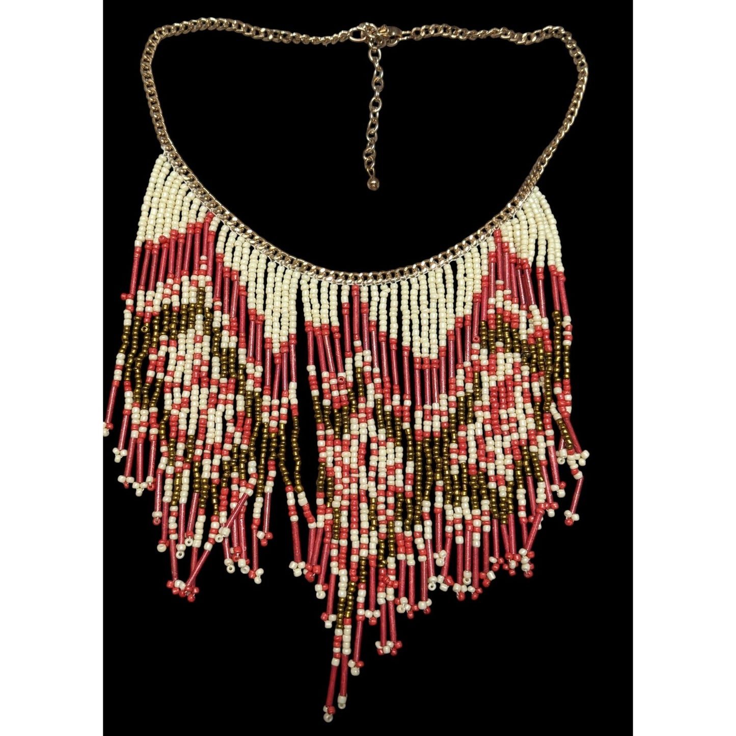 Bohemian Handmade Beaded Fringe Necklace In Red Cream & Gold With Adjustable Chain