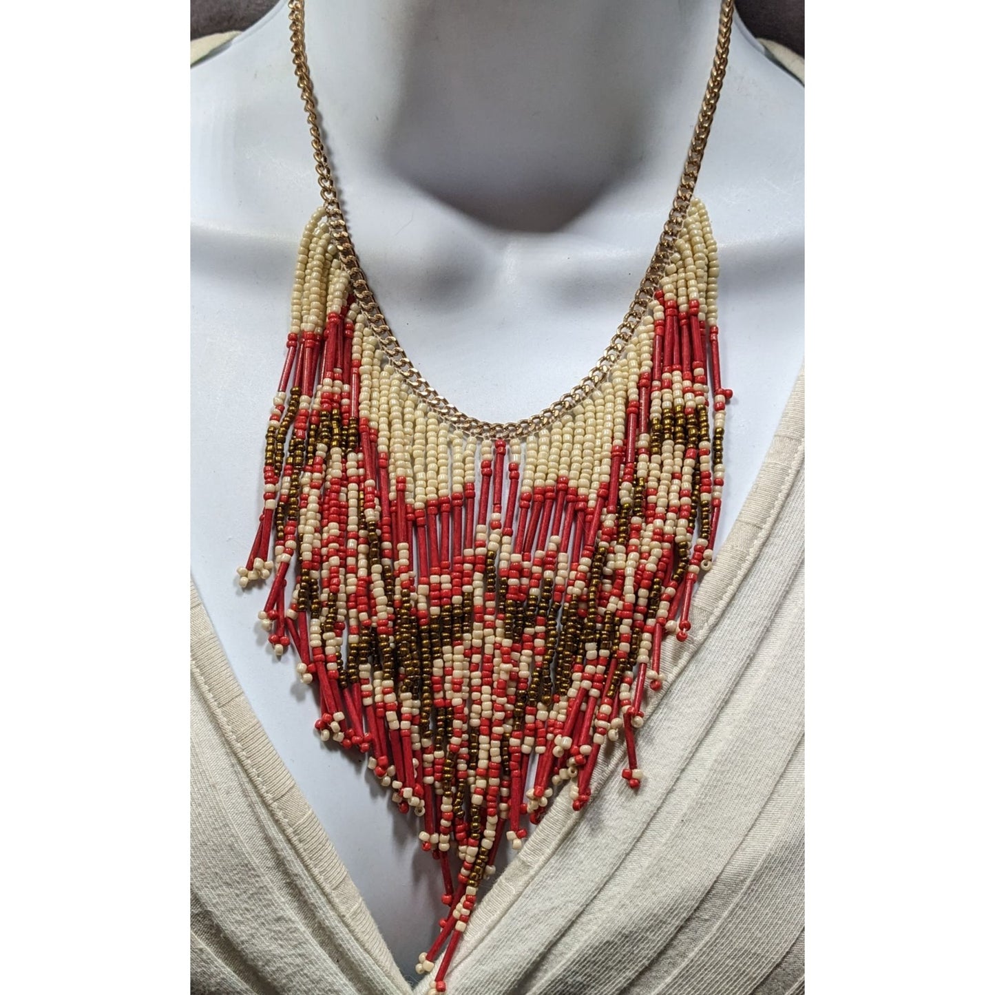 Bohemian Handmade Beaded Fringe Necklace In Red Cream & Gold With Adjustable Chain
