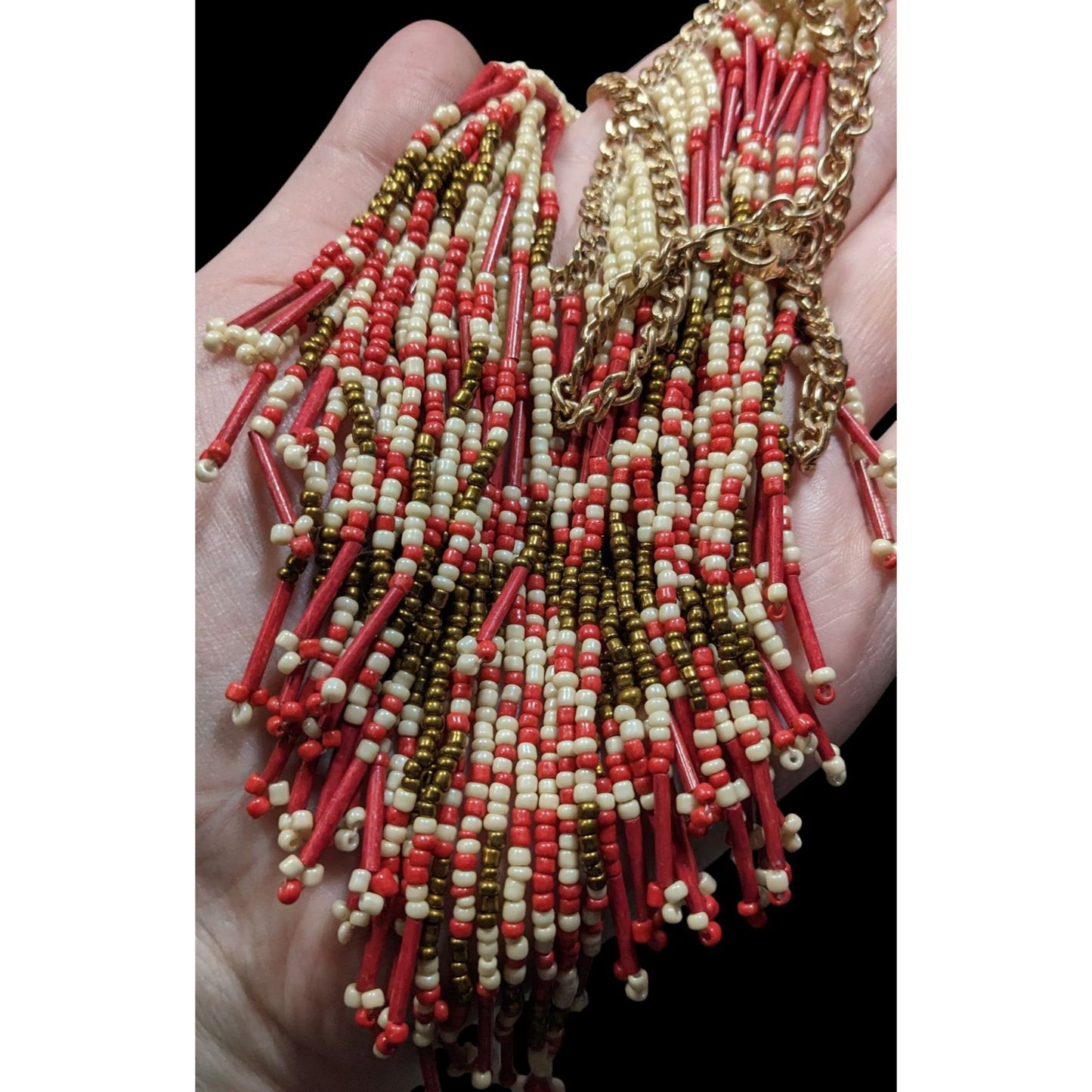 Bohemian Handmade Beaded Fringe Necklace In Red Cream & Gold With Adjustable Chain