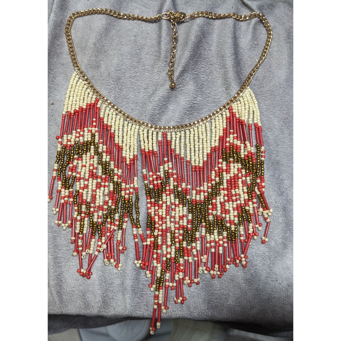 Bohemian Handmade Beaded Fringe Necklace In Red Cream & Gold With Adjustable Chain