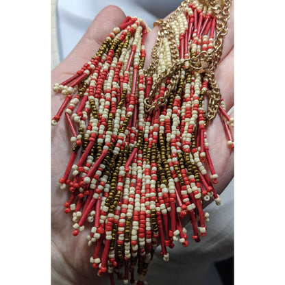 Bohemian Handmade Beaded Fringe Necklace In Red Cream & Gold With Adjustable Chain