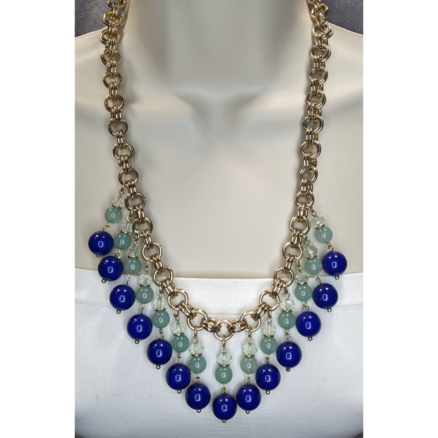 Glam Vintage Ann Taylor Blue Beaded Fringe Gold Tone Statement Necklace