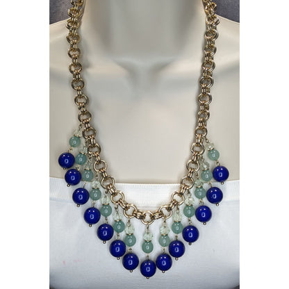 Glam Vintage Ann Taylor Blue Beaded Fringe Gold Tone Statement Necklace